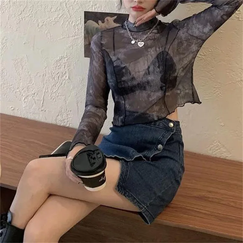 Korean Fashion Y2k Women Tie-dye T-Shirts Sexy Mesh Crop Tops Long Sleeve See Through Slim Turtleneck Female Printed Outfits
