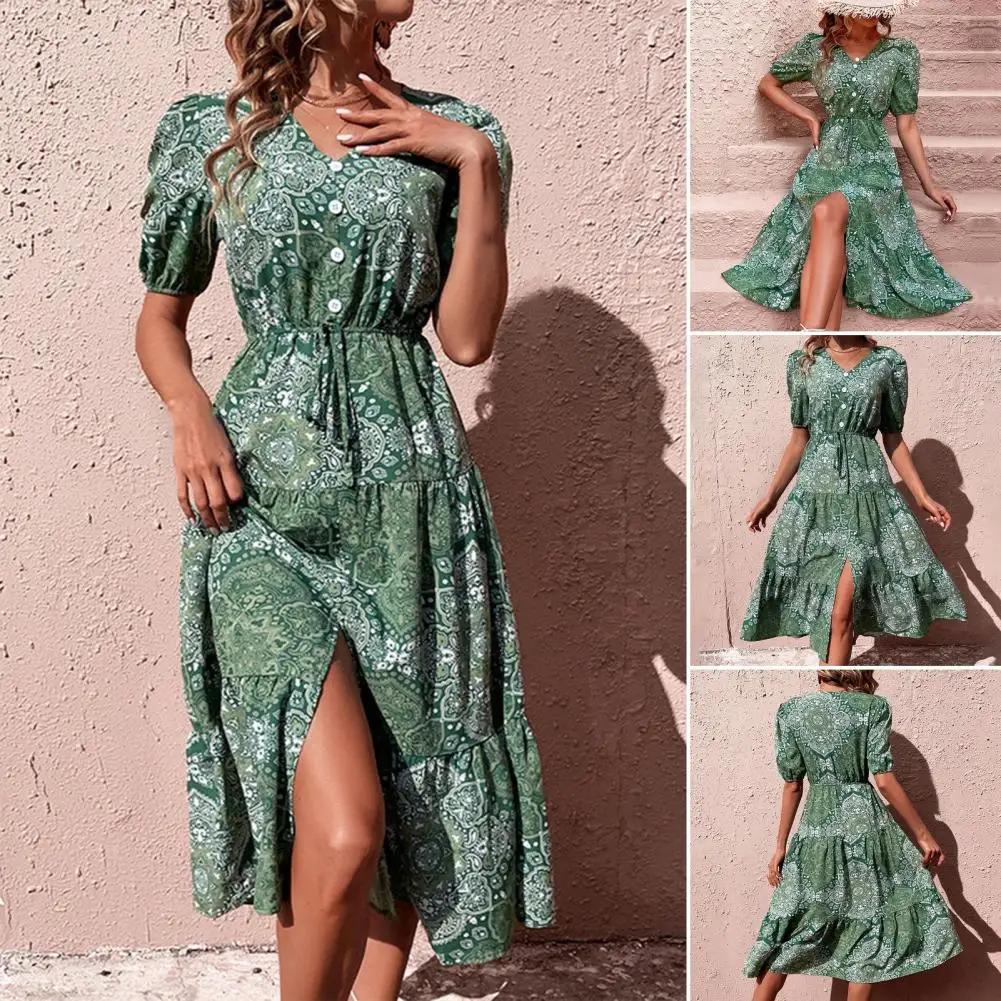 

Printed Dress Stylish Women's V-neck Summer Dress with Pleated Lace-up Detail A-line Silhouette High Waist Button for Vacation