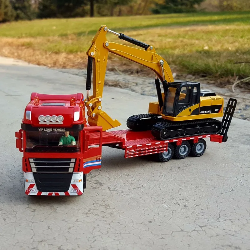 1:50 Flatbed Trailer Trucks Toy Alloy Trailer Roller Excavator Loader Truck Model Car Digger Forklift Boys Toys Gifts