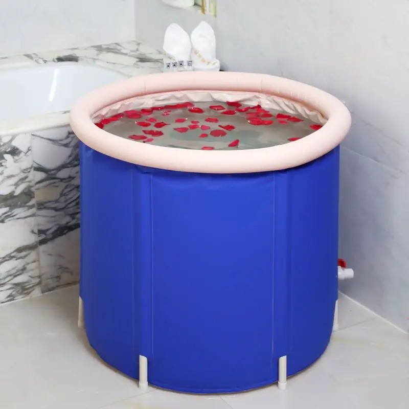 Blue Household Thermal Insulation Bath Barrel Double-layer Thickened Inflatable Folding Bubble Bath Sitting Adult Bath Barrel