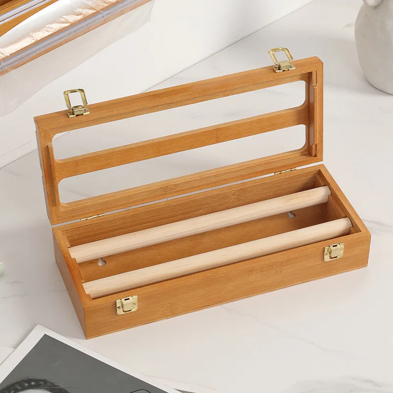 Hot 3 IN 1 Bamboo Wrap Dispenser with Cutter Food Wrap Cling Film Storage Organizer Bamboo Foil Organizer for Kitchen Drawer 4