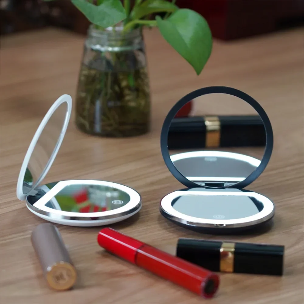 Déterminer le miroir de maquillage portable de poche avec LED, miroir face tourisme, grossissement 5x, aste