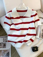 Pull à col à motif rayé, polyvalent, manches courtes, haut tricoté pour printemps et été, vêtements pour femmes, nouvelle collection 2026 1