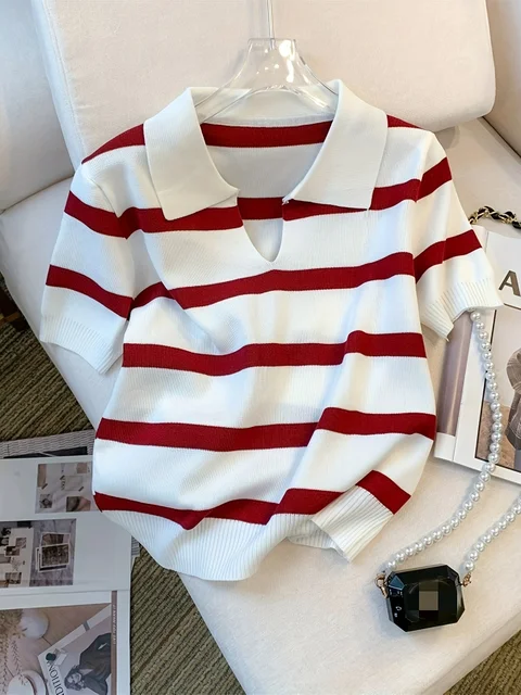 Pull à col à motif rayé, polyvalent, manches courtes, haut tricoté pour printemps et été, vêtements pour femmes, nouvelle collection 2026 1