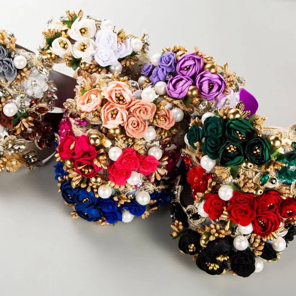 Vintage Women's Hair Hoop Wide Luxury with Fake Flower Faux Pearl Shiny Rhinestone Decor Anti-slip women hair hoop