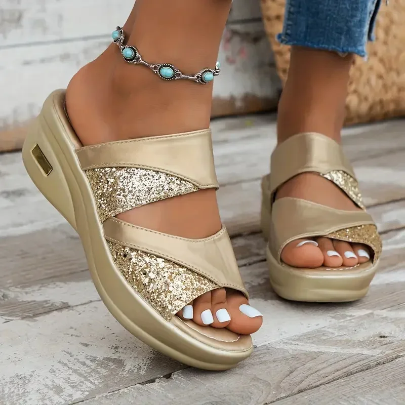 Women Wedge Slippers Glitter Platform Comfortable Sandals Casual Sling Backs Slippers New Summer Shoes for Women Slides Women — view 5
