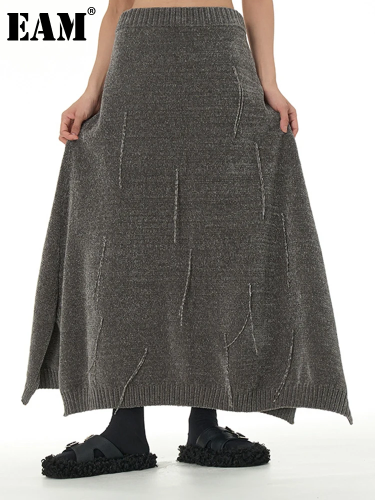 

[EAM] High Elastic Waist Gray Knitting Tassels Irregular Skirt Women Tassel A-line Fashion Tide New Spring Autumn 2024 1DH2238