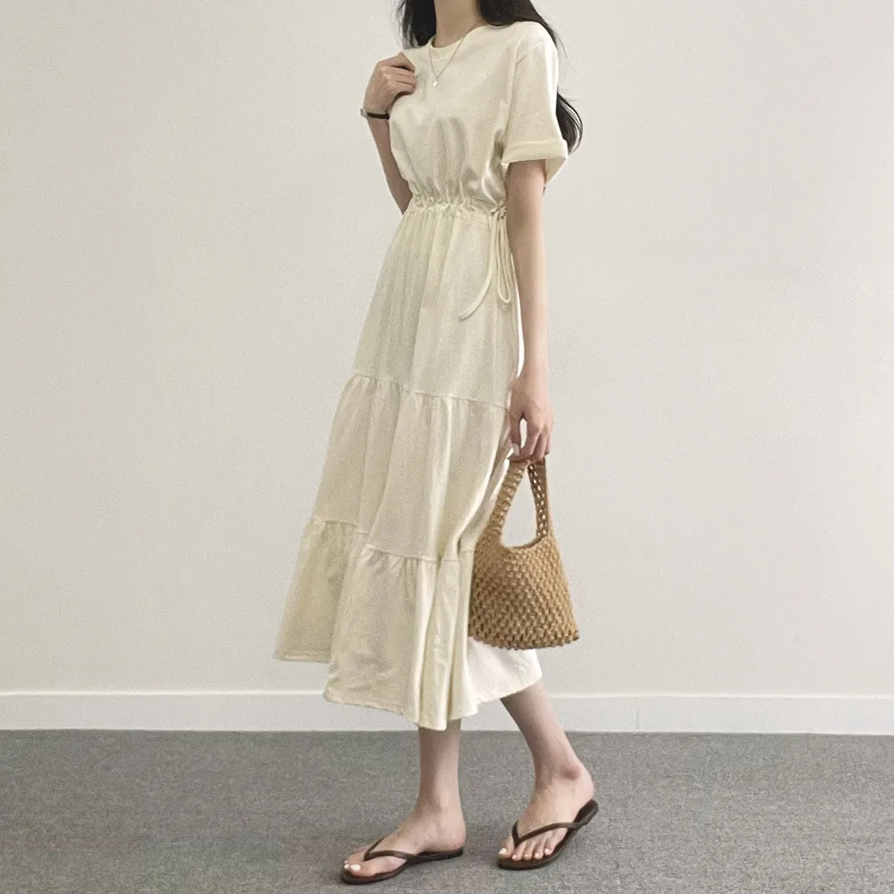 

New Korean Fashion Long Dress Women Summer Short Sleeve O-neck drawstring Slim Waist A-Line Chic Casual Dresses Vestidos Robe