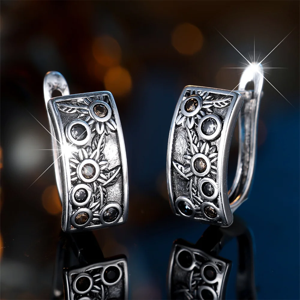 Trendy Small Round Stone Yellow Zircon Hoop Earrings For Women Antique Silver Color Ear Buckle Wedding Jewelry Mother's Day Gift