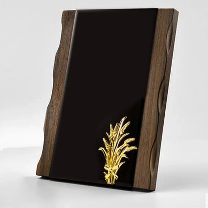 Customized Walnut Color Wooden Medal, Custom Partner Honor Plaque, Black Crystal Trophy, Home Decorations, Metal, Wheat Ear, 1Pc