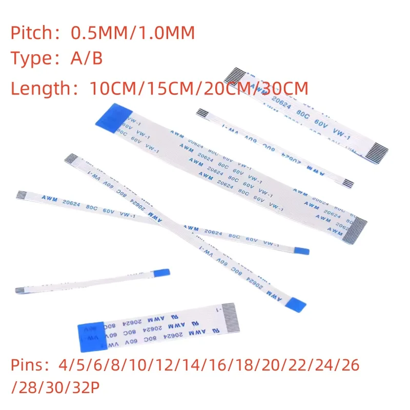 10PCS Flat Flexible Cable FFC FPC AWM 20624 80C 60V VW-1 FFC-0.5MM 1.0MM 4/5/6/8/10/12/14/16/18/20/24/26/30/32 Pin flat flexible cable