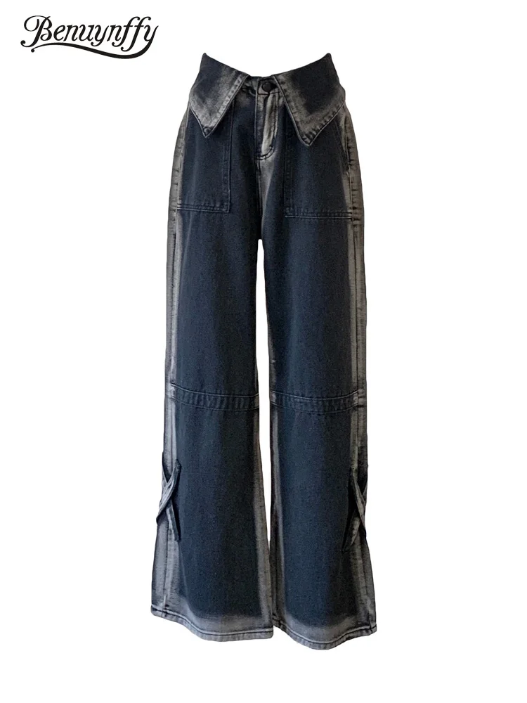 

Benuynffy American High Street Cuffs Jeans Women Fashion Vintage High-waisted Loose Wide Leg Pants Harajuku Y2K Streetwear