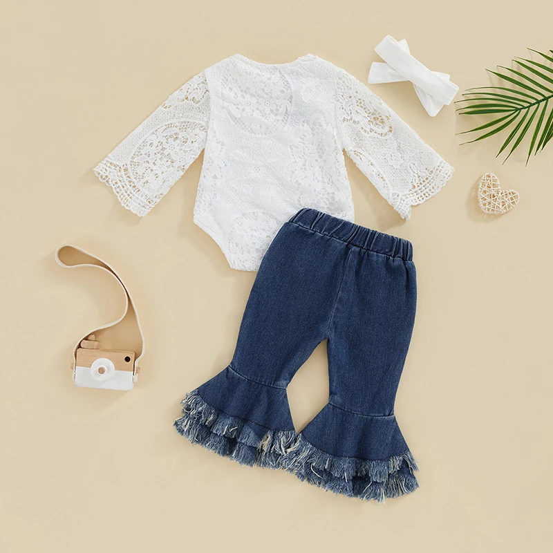 

Newborn Baby Girl Summer Clothes Outfits Long Sleeve Crew Neck Lace Ruffle Rompe Flare Denim Jean Pants Fashion Clothes Set