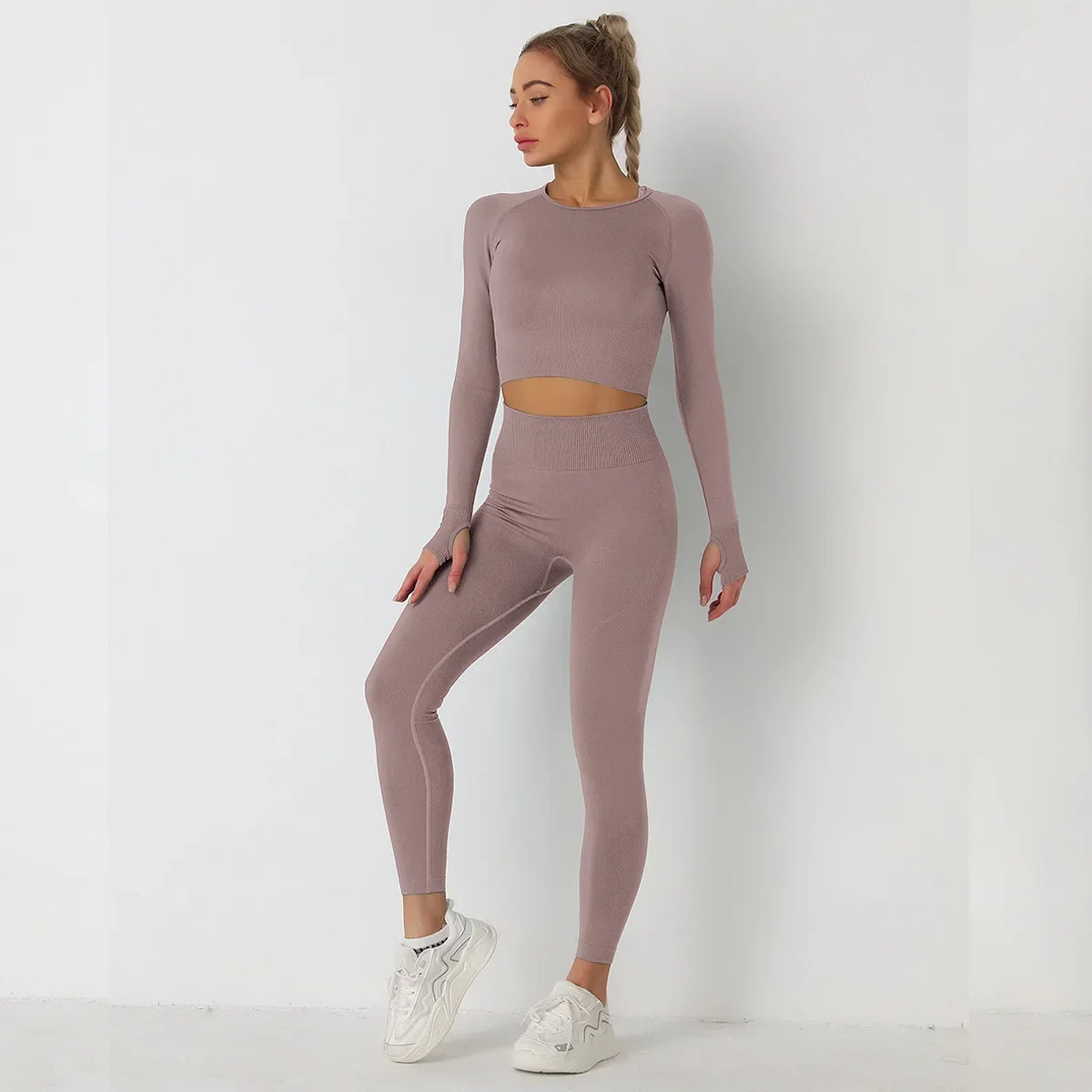 Yoga Set Women Clothing Crop Top Knitted Solid Color Seamless Long Sleeved Pants Yoga Set Sports Two Piece Set Running Suit