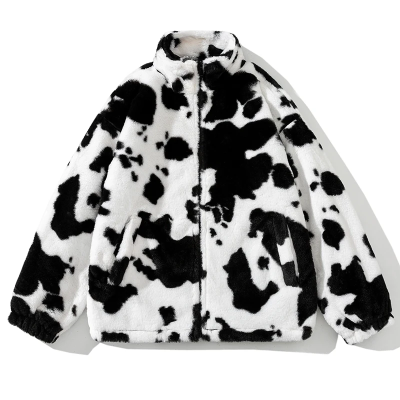 

Autumn Warm Plush Jacket Men Cow Spots Pattern Soft Zipper Coat Fashion Street Outerwear Windbreaker Clothing Tops Male Female