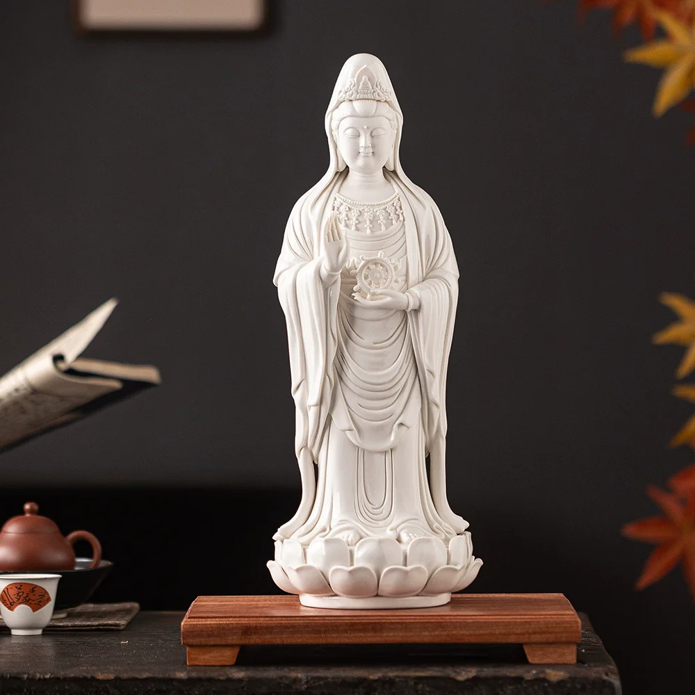 White Porcelain Guanyin Statue Standing Goddess of Mercy Bodhisattva Figure, Chinese Buddhist Altar Sculpture ，Zen Decor