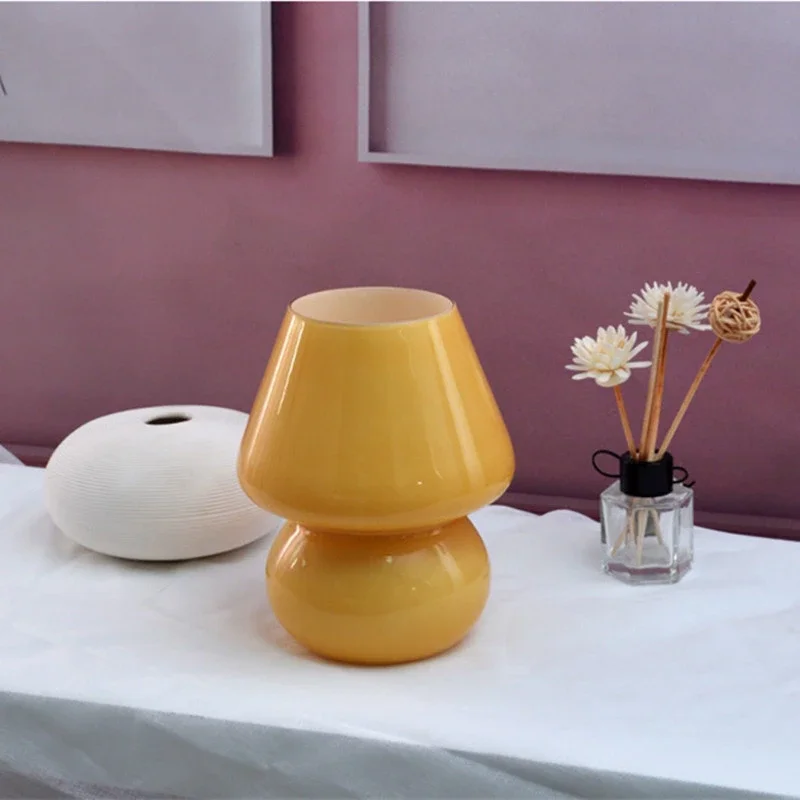 Glass LED Desk Lamp Bedroom Bedside Korean Ins Style Striped Mushroom Table Lamp Decor Cute Glass Translucent Bedside table lamp