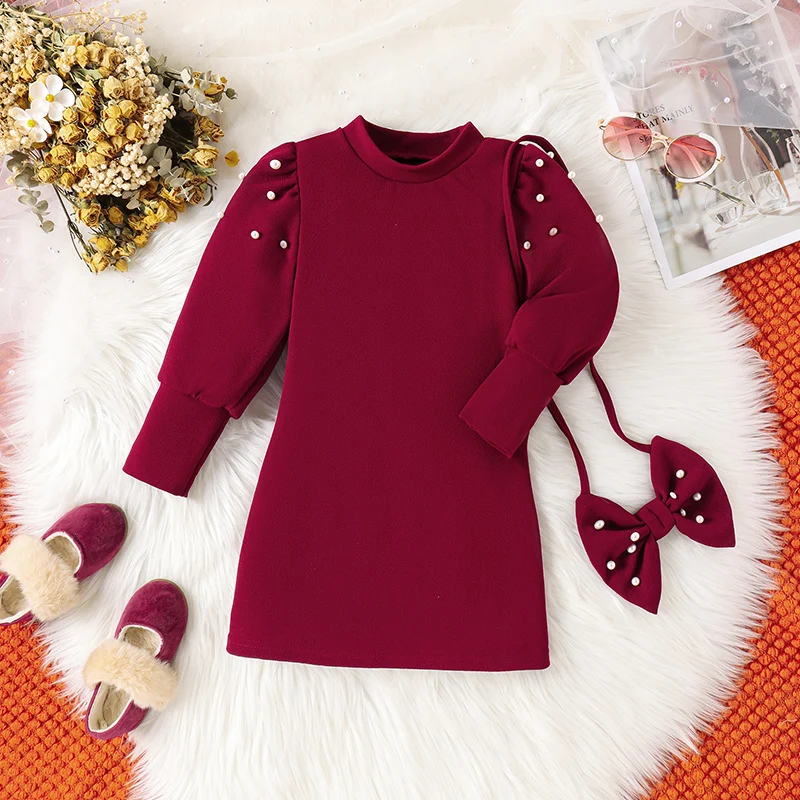 

Girls Pearl Dress Kids Round Neck Long Sleeve Mini Dress with Bow Bag Autumn Loose Fit Party Dress