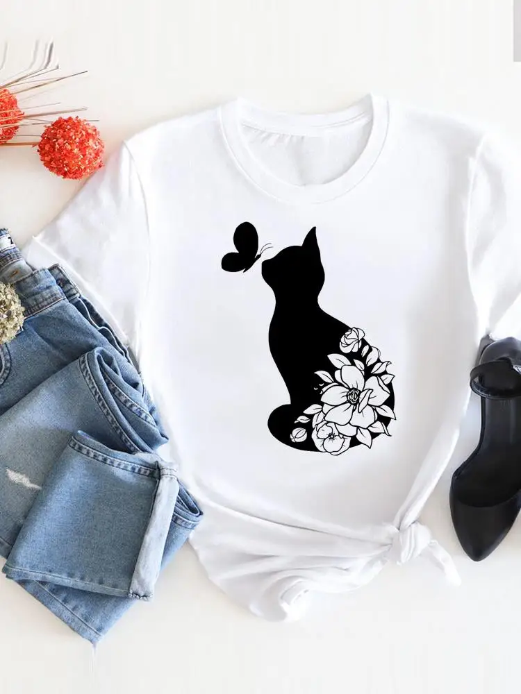 

Cat Butterfly Flower Print T Shirt Short Sleeve Summer Clothes Women Clothing Fashion O-neck Graphic T-shirt Tee Top
