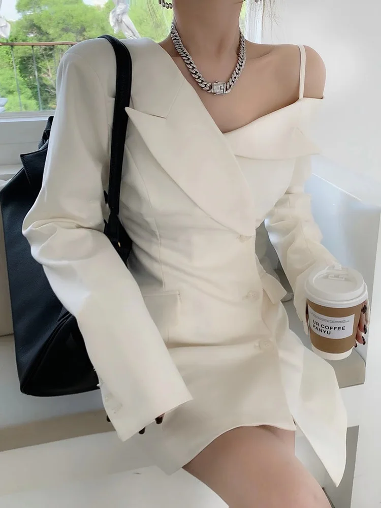 BZVW Asymmetric Off Shoulder Niche Design Sense Long Sleeved Blazers Dresses Women's 2023 Autumn New Trend A-line Female 25X2838