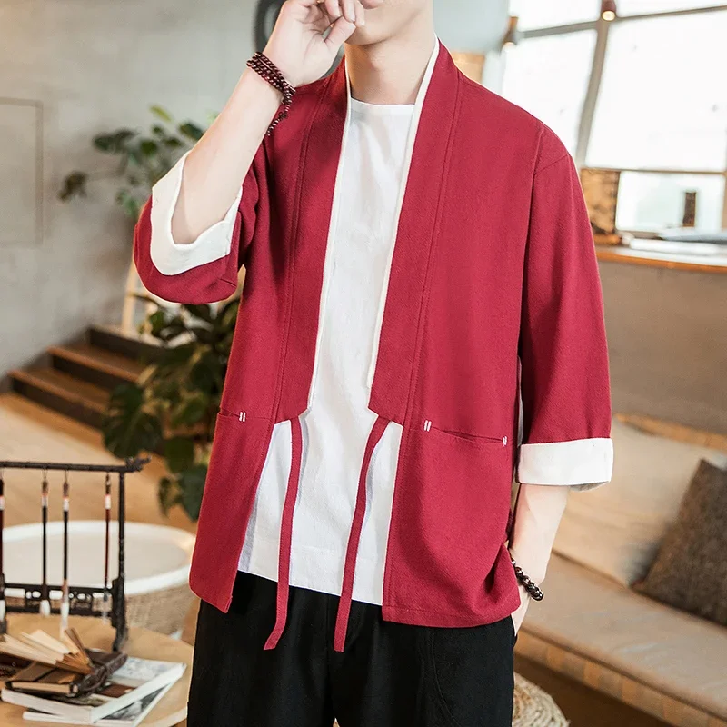 Herren Kimono Jacke - Japanische Yukata Haori Freizeitjacke Aus Baumwolle Leinen