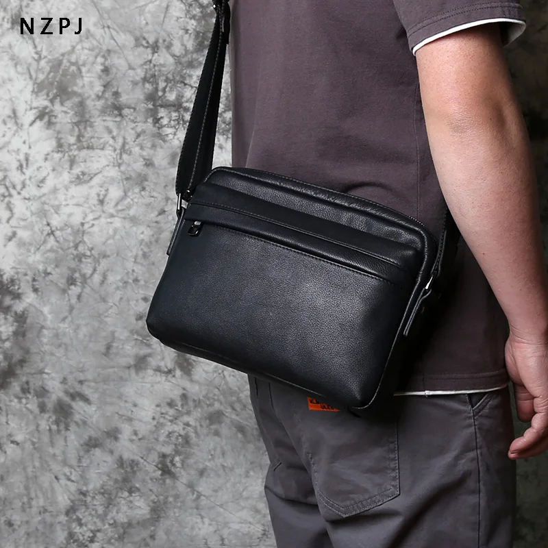 New Men's Leather Shoulder Bag Top Layer Leather Casual Backpack Horizontal Crossbody Bag Trendy Men's Bag 10-inch IPad Bag NZPJ