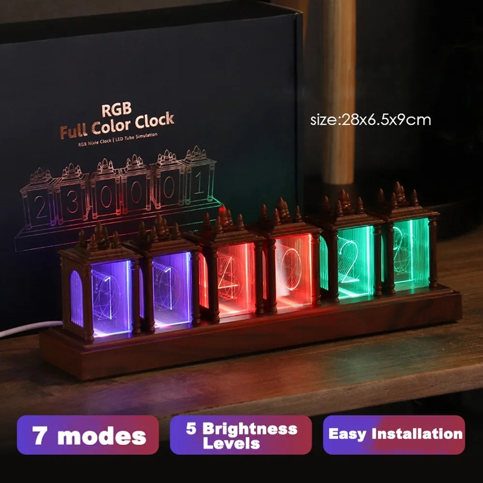 LED Digital Clock Nixie Tube Clock RGB Glow Tube Clock Walnut Wood Night Light Digital Alarm Atomosphere Lamp Clock Timer Gift