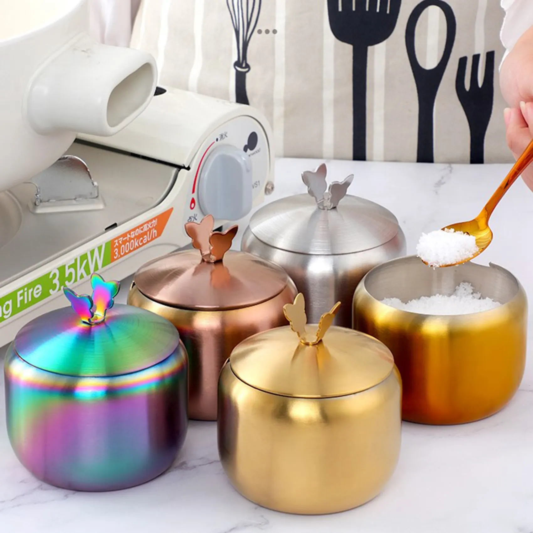 Seasoning Box Kitchen Stainless Condiment Pot Large Diameter Spice Salt Sugar Container Jar with Lid & Spoon