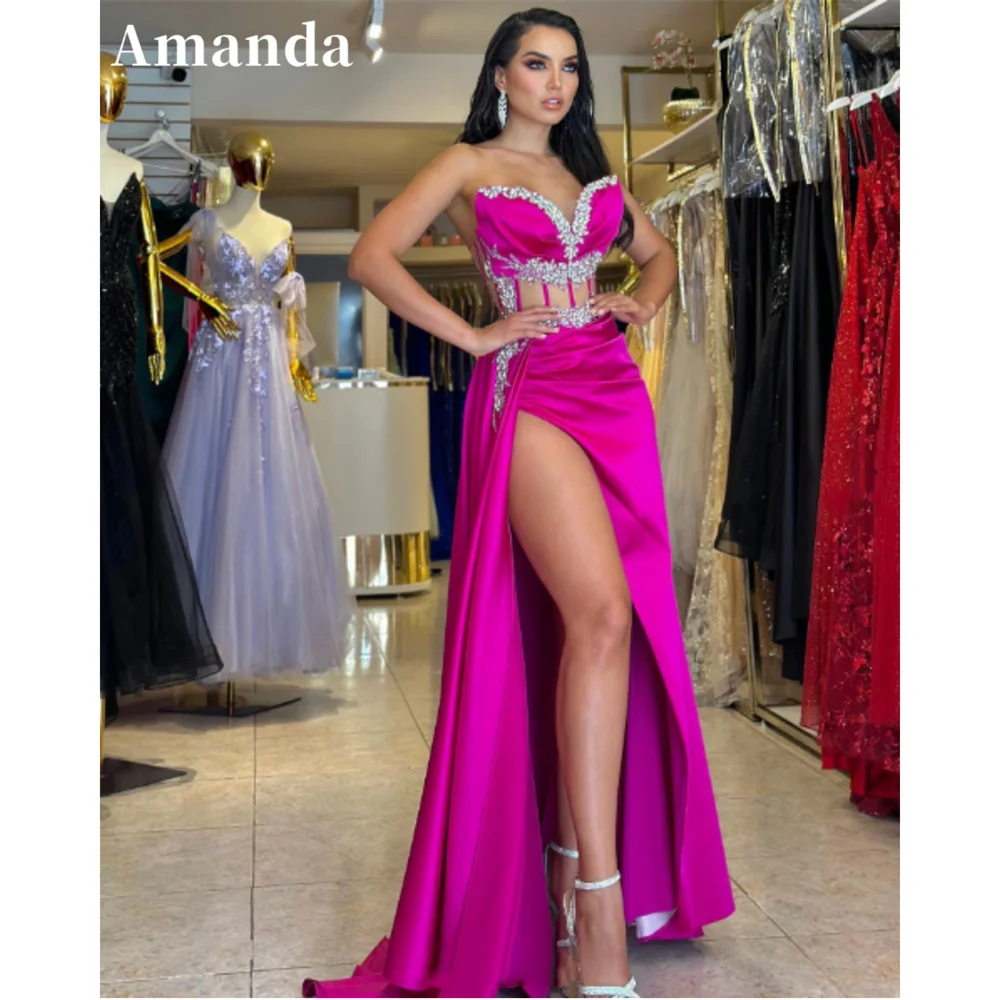 

Amanda Elegant Fuchsia Mermaid Evening Dress Sexy Side Split Trumpet Party Dress 2024 Luxury Sequins Satin فساتين مناسبة رسمية