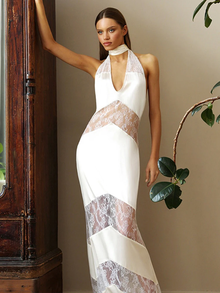 Sexy Backless Party Dress Women Patchwork Lace Sleeveless Halter Maxi Female Dresses 2025 V-neck Slim Hip Package Lady Robes 4