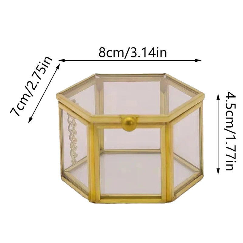 Hochwertige sechseckige Ringbox aus Gold und Schmuckzubehörbox aus goldenem Glas, luxuriöse und retro Schmuckaufbewahrungsbox. – Detail 6