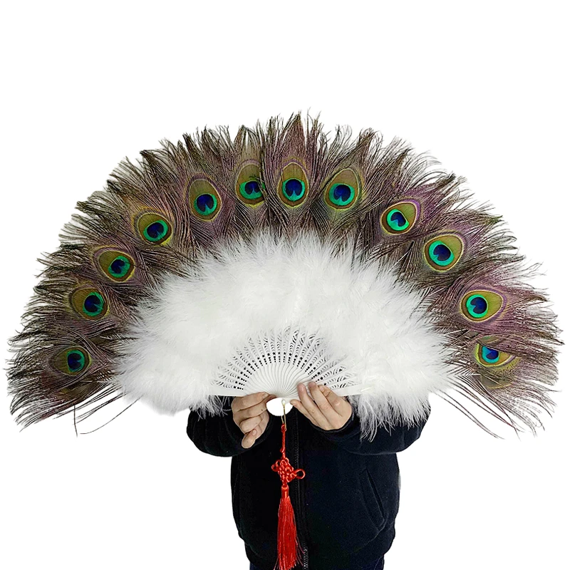 

Chinese Feather Fan Peacock Feather Folding Hand Fan Wedding Party Cosplay Dance Fan Home Decoration Abanicos Para Boda