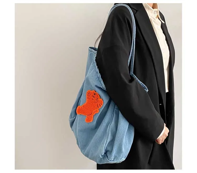 Hylhexyr Fashion Casual Tote Bag College Student Washed Denim Large Shoulder Bags Soft Cotton Canvas Handbag For Lady