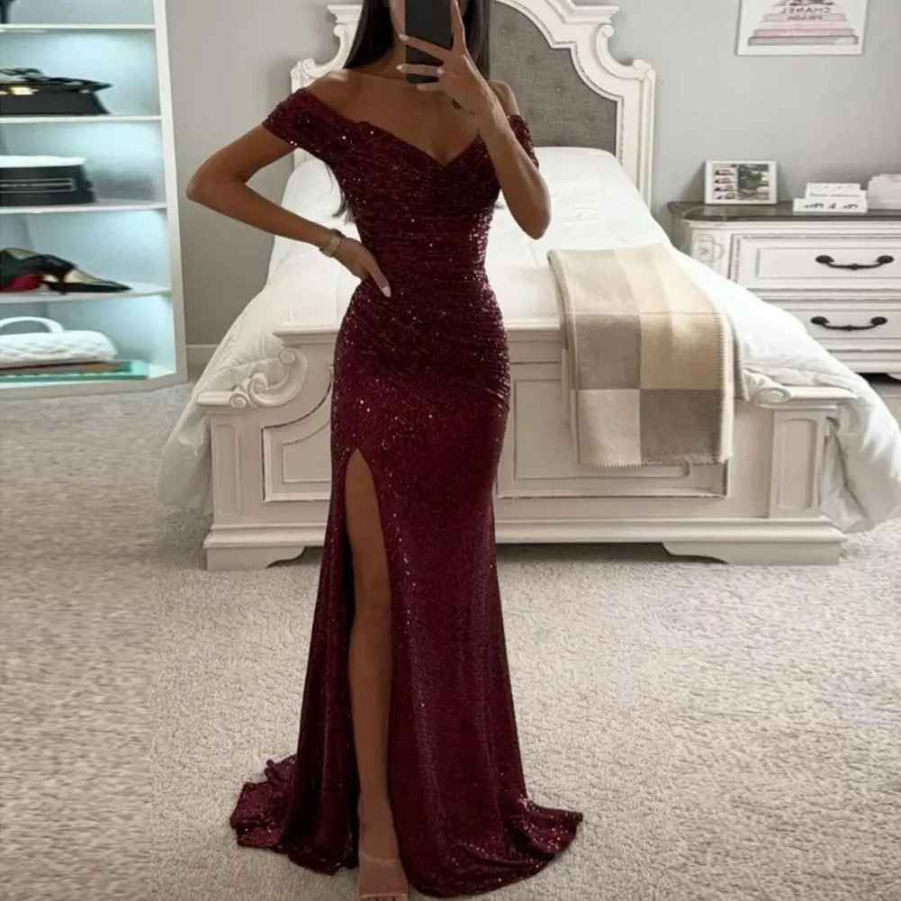 

Solid Color Long Sleeve Dress Elegant Sequined V-neck Off Shoulder Maxi Dress for Evening Party Prom Women's Vintage Slim Sexy