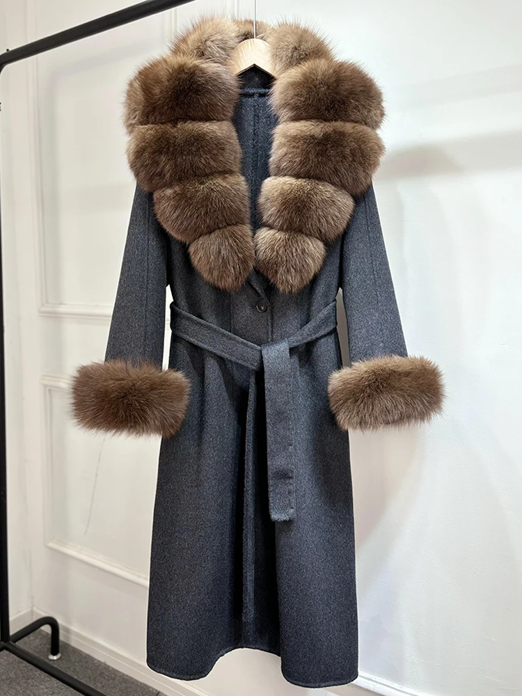 Janveny Autumn Winter Wool Coat Women Real Natural Fox Fur