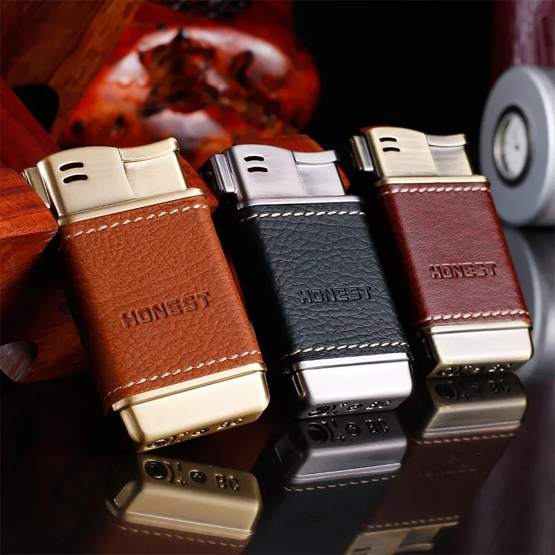 HONEST Upscale Genuine Leather Metal Gas Cigar Lighter Oblique Out Open Flame Pipe Dedicated Cigarette Lighter Men's Gift 2