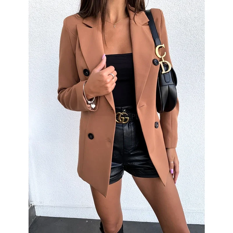 Women Double Breasted Blazer Coats Autumn Solid Long Sleeves Jackets Black Lapel Button Office Lady Khaki Business Suits Blazer