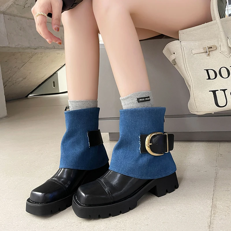 

Denim Two-layer Cowhide Stitching Women's Ankle Boots Thick Heels Pigskin Lining Woman Short Boots 2023 Autumn New High Heels