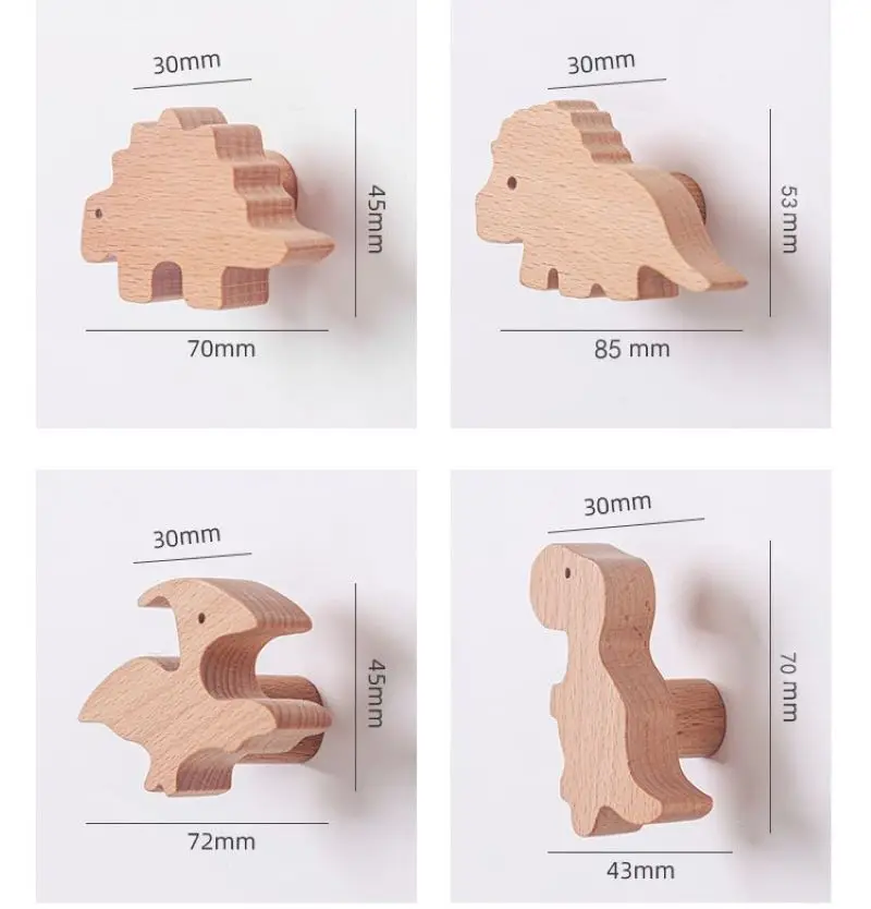 Description Picture 2 of itemWood Handle Knob dinosaur Shape Cupboard Wardrobe Cabinet Drawer Door Solid Wooden Handles Knobs for Kids Furniture 7Pcs