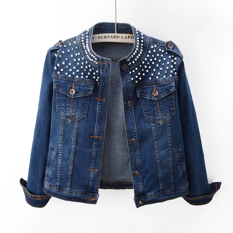 

Denim Jacket Women Pearl Streetwear Long Sleeve Tops 2023 Spring Autumn New Casual Jeans Coat Bomber Jackets Fashion Outerwear
