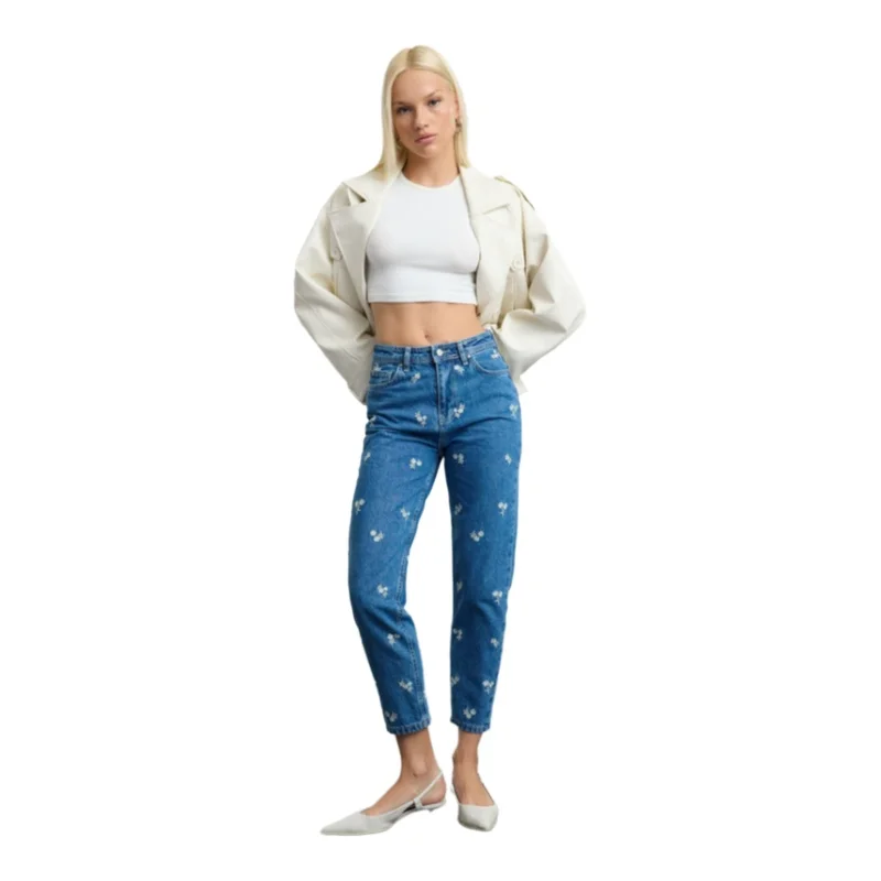 Trendyol TYZA Women's Jeans Beltless Plain Denim Mom Pocketless Casual Straight Leg Jeans Casual Pants Denim 2
