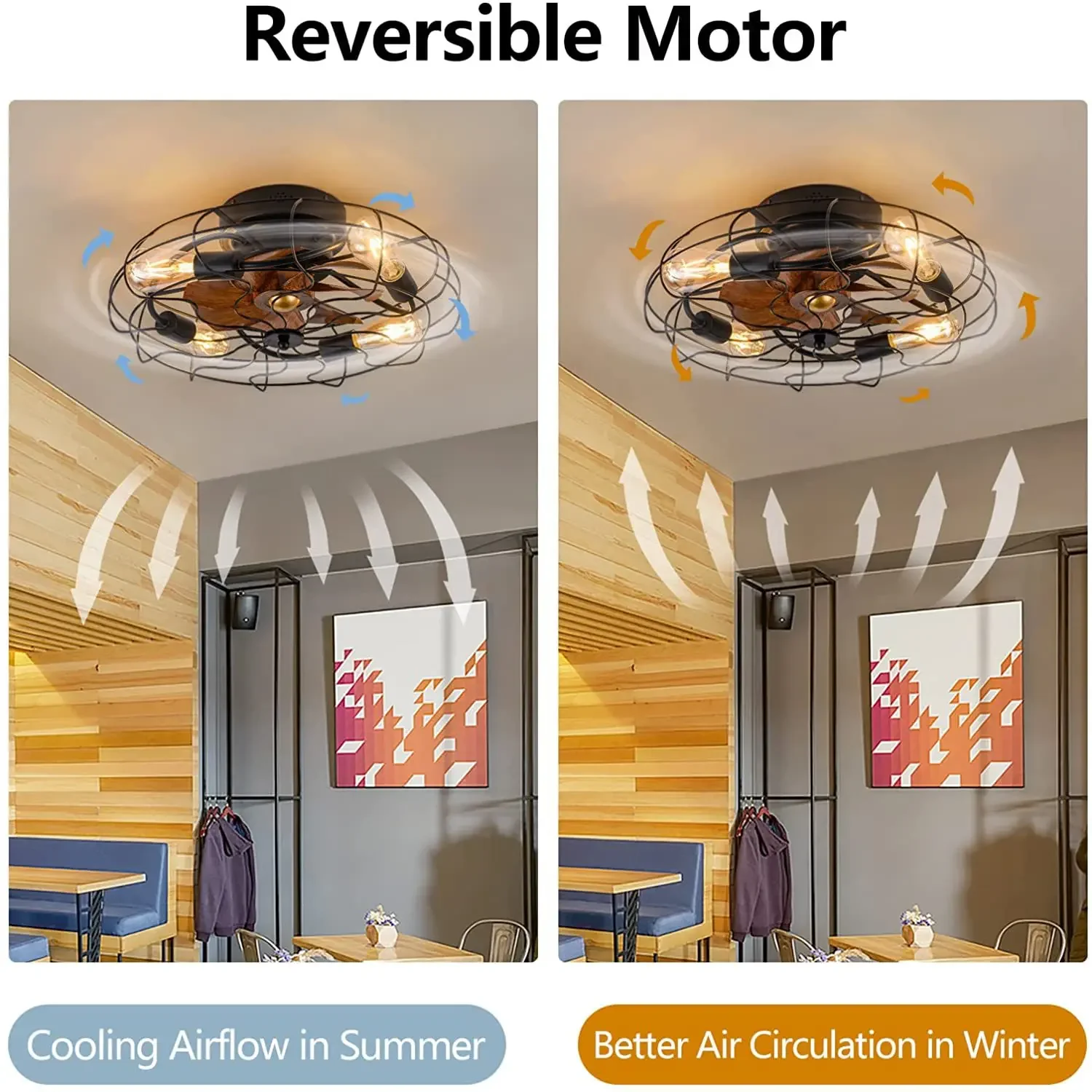 Retro bedroom ceiling fan with light remote control thin cage pendant light Living room wooden blade iron ceiling fan with