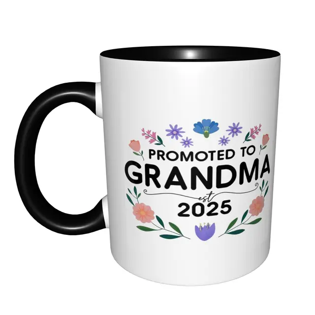 Promoted to Grandma 2025 Flower Mugs With Black Handle Birthday Coffee Mugs Ceramic Tea Cups 11oz 2
