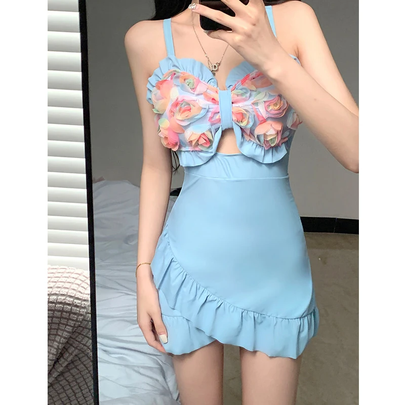 Women Ruffle 3D Flower Sweet Monokini One Piece Swimsuit Summer Sexy Hollow Mini Dress Swimwear Girl Vacation Beach Bathing Suit