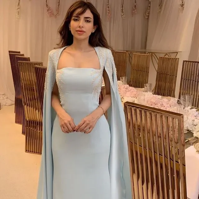 

Sky Blue Chiffon Prom Dresses Cap Long Sleeves Formal Party Gowns Sweep Train Women Evening Dress Special Celebrity Gowns