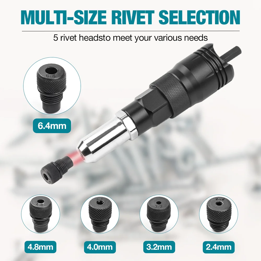 New Electric Rivet Gun Tool Adapter Insert Fastening Tool Household Cordless Rivet Gun Converter 2.4MM/3.2MM/4.0MM/4.8MM/6.4MM rivet gun