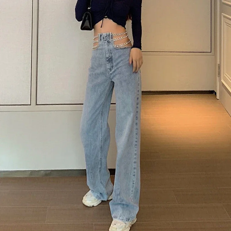 Women High Waist Korean Loose Casual Wide Leg Denim Pants 2021 Sexy Chain Fashion Trouser Boyfriend Jeans Female Streetwear Pant