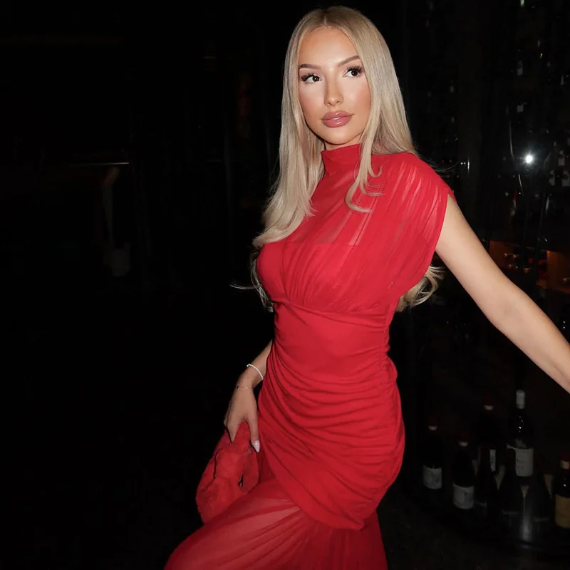 Blifanbo Mesh Short Sleeve Sexy Maxi Dress For Women Elegant High Waist Fashion Patchwork Summer Sexy Slim Club Party Long Dress picture