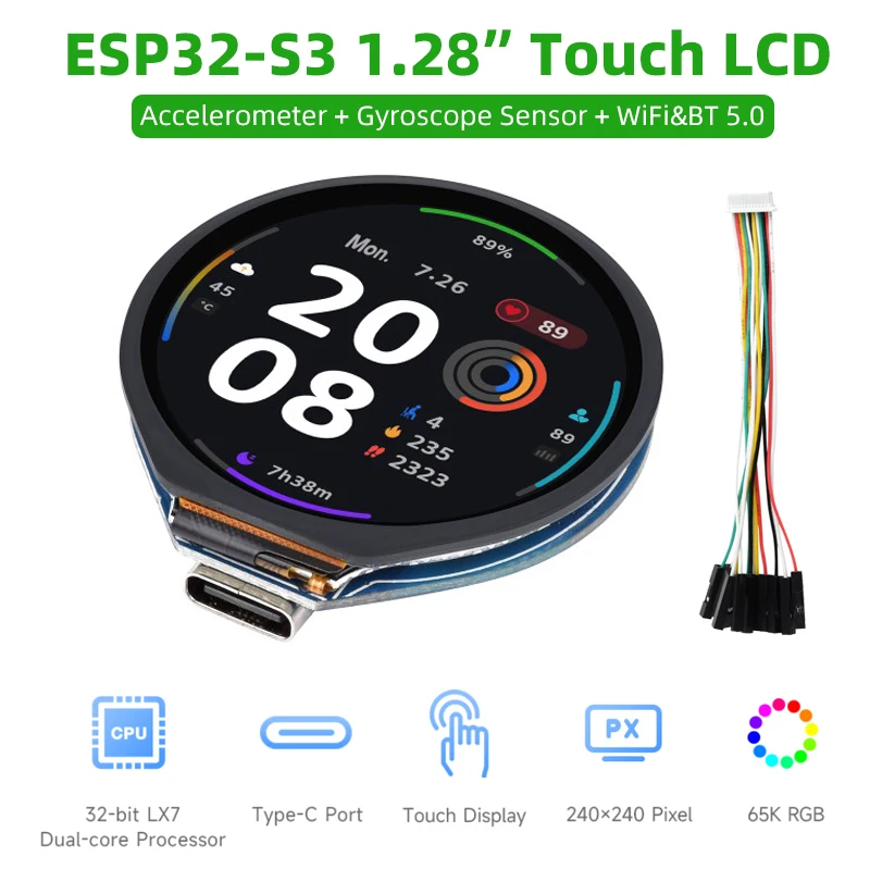 ESP32-S3 Development Board 1.28 Inch Touch Screen Round LCD Display with WiFi Bluetooth 5 BLE Accelerometer Gyroscope Sensor