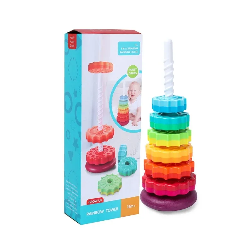 Montessori Children Cognitive Rainbow Circle Tower Early Education Geometric Circle Tower Jenga Toy